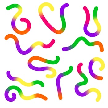 Vector Abstract Colored Gradient Shapes Set. Squiggly Design Elements. Graphic with Wavy Lines in Rainbow Colors. Colorful Fluid Wave Pattern.