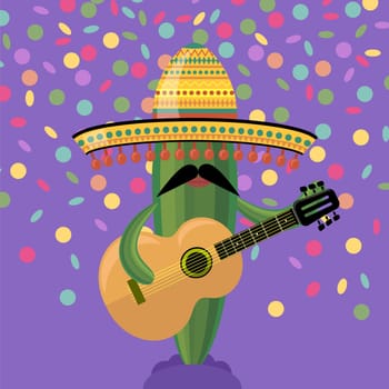 Vector green cactus with musical guitar. Cinco de mayo symbol on confetti background.