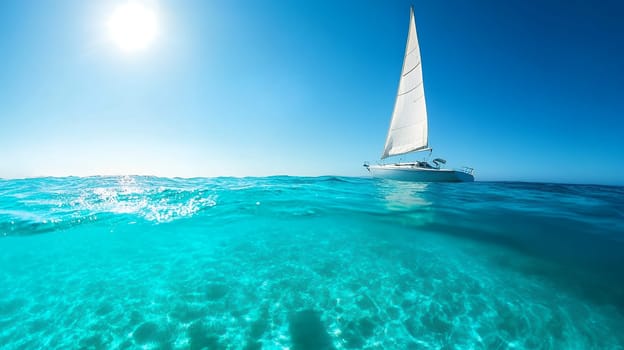 A sailboat glides over the turquoise waters under a bright sun, capturing the essence of ocean adventure.