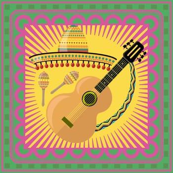 Vector Mexican festival Cinco de mayo. Banner for party. Traditional holiday. Sombrero, guitar and maracas.