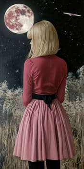 Paint oil colors eye-catching hyper-detailed realism fantastic retro-futuristic portrait of straight short cut and bangs magenta hair slight sulky young albino woman 70's glamorous clothing on background dressed, portrait of famous people Dakota Fanning, the woman is standing in the middle of a striped black and electric cobalt grass field michael sewa edward hopper style, fuchsia moon, ufo disk flying in the starry black night sky, Bo Bartlett, Tom Bagshaw --chaos 30 --ar 1:2 --style raw --stylize 300 --v 6.1 Job ID: 14f80af3-619e-46f5-9558-361caf264ebd