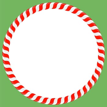 Vector Christmas candy cane frame with red and white stripes on green background. Xmas border.