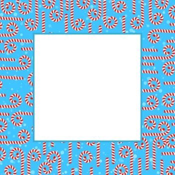 Vector Christmas candy cane frame with red and white stripes on green background. Xmas border.