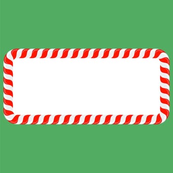 Vector Christmas candy cane frame with red and white stripes on green background. Xmas border.