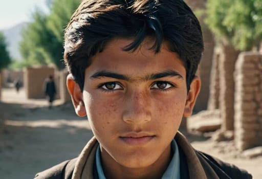 A young Afghan boy, around ten years old, stands confidently in a village setting. His thoughtful gaze reflects a deep sense of resilience and curiosity about his world. Generative AI.