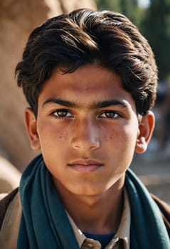 A young Afghan boy, around ten years old, stands confidently in a village setting. His thoughtful gaze reflects a deep sense of resilience and curiosity about his world. Generative AI.