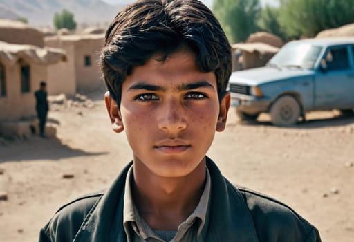 A young Afghan boy, around ten years old, stands confidently in a village setting. His thoughtful gaze reflects a deep sense of resilience and curiosity about his world. Generative AI.
