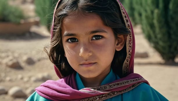 A young girl from Afghanistan stands confidently, showcasing her traditional attire, her expressive eyes reflecting her surroundings and culture. Generative AI.