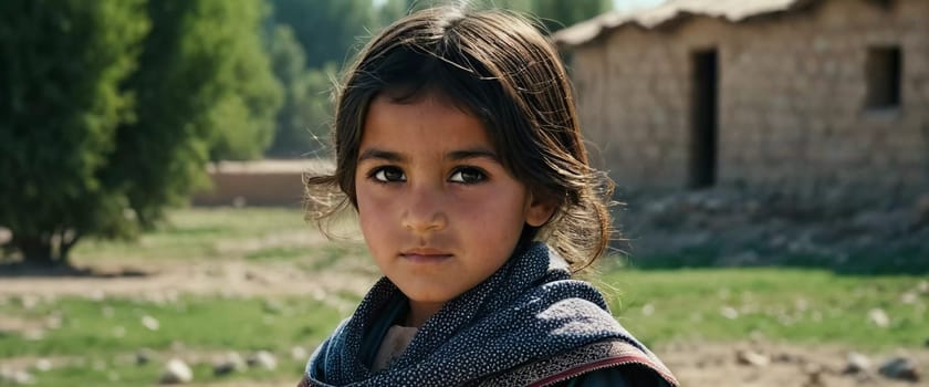 A young girl from Afghanistan stands confidently, showcasing her traditional attire, her expressive eyes reflecting her surroundings and culture. Generative AI.