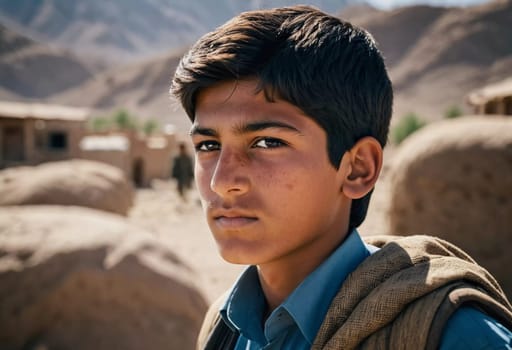 A young Afghan boy, around ten years old, stands confidently in a village setting. His thoughtful gaze reflects a deep sense of resilience and curiosity about his world. Generative AI.