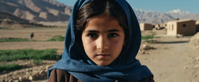 A young girl from Afghanistan stands confidently, showcasing her traditional attire, her expressive eyes reflecting her surroundings and culture. Generative AI.