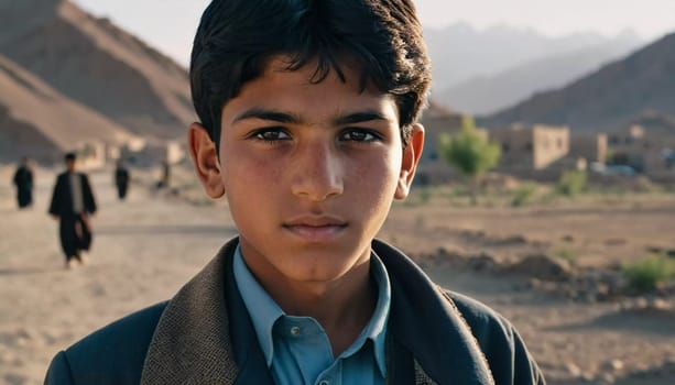 A young Afghan boy, around ten years old, stands confidently in a village setting. His thoughtful gaze reflects a deep sense of resilience and curiosity about his world. Generative AI.