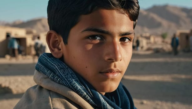 A young Afghan boy, around ten years old, stands confidently in a village setting. His thoughtful gaze reflects a deep sense of resilience and curiosity about his world. Generative AI.