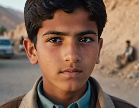 A young Afghan boy, around ten years old, stands confidently in a village setting. His thoughtful gaze reflects a deep sense of resilience and curiosity about his world. Generative AI.