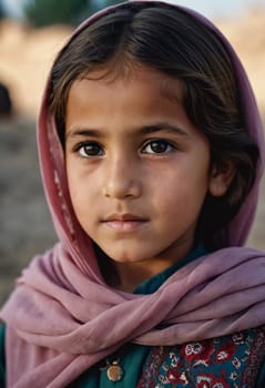 A young girl from Afghanistan stands confidently, showcasing her traditional attire, her expressive eyes reflecting her surroundings and culture. Generative AI.