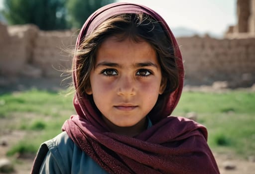 A young girl from Afghanistan stands confidently, showcasing her traditional attire, her expressive eyes reflecting her surroundings and culture. Generative AI.