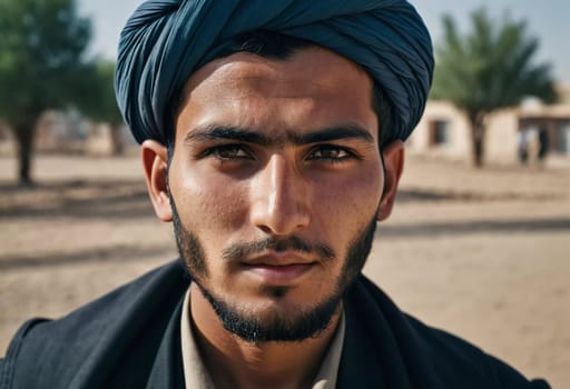 A young man 25 years old from Afghanistan, wearing traditional clothing, poses proudly in his village with mountains in the background, showcasing his cultural heritage. Generative AI.