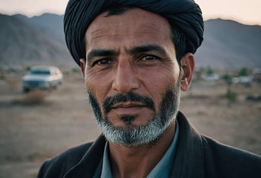 A middle-aged 45 years old Afghan man stands confidently in a rural area, showcasing his traditional attire and thoughtful gaze amidst a serene backdrop of his village. Generative AI.