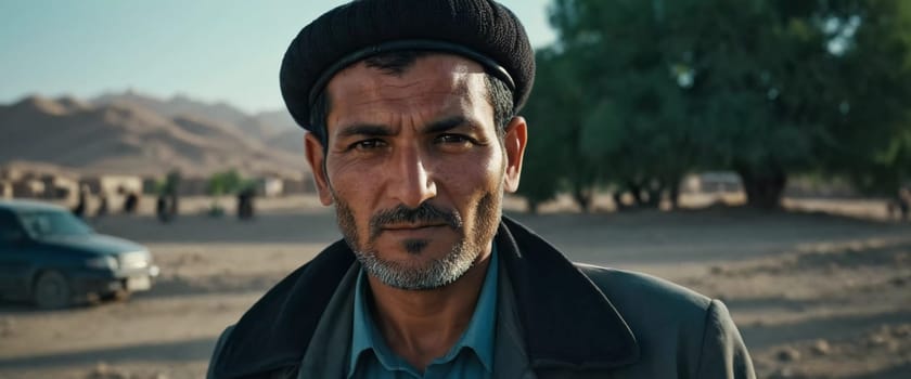 A middle-aged 45 years old Afghan man stands confidently in a rural area, showcasing his traditional attire and thoughtful gaze amidst a serene backdrop of his village. Generative AI.