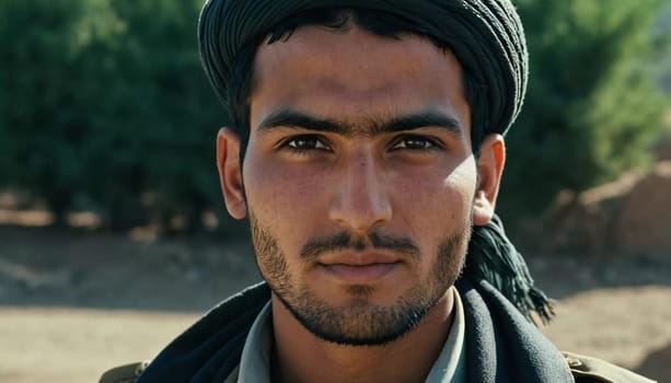 A young man 25 years old from Afghanistan, wearing traditional clothing, poses proudly in his village with mountains in the background, showcasing his cultural heritage. Generative AI.