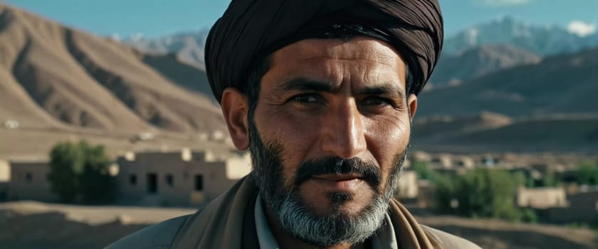 A middle-aged 45 years old Afghan man stands confidently in a rural area, showcasing his traditional attire and thoughtful gaze amidst a serene backdrop of his village. Generative AI.