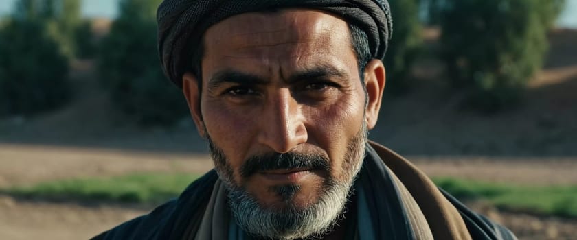 A middle-aged 45 years old Afghan man stands confidently in a rural area, showcasing his traditional attire and thoughtful gaze amidst a serene backdrop of his village. Generative AI.