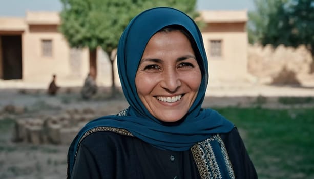 A joyful woman 45 years old from Afghanistan displays a bright smile while wearing traditional clothing. She stands confidently, embodying a sense of peace in her rural community. Generative AI.