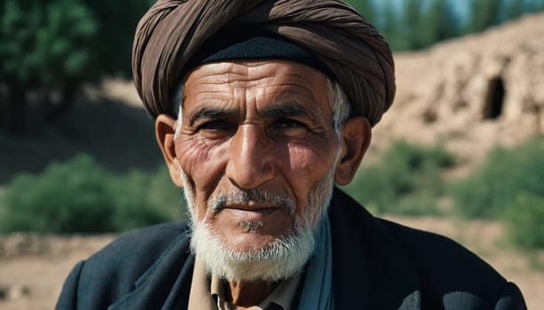 An elderly man from Afghanistan showcases his weathered face, reflecting years of wisdom and resilience against a modest backdrop of nature, embodying the rich culture of his homeland. Generative AI.
