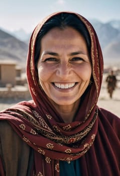 A joyful woman 45 years old from Afghanistan displays a bright smile while wearing traditional clothing. She stands confidently, embodying a sense of peace in her rural community. Generative AI.