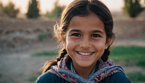 A young cute girl 5 years old from Afghanistan in national clothing smiles, showcasing her traditional attire, her expressive eyes reflecting her surroundings and culture. Generative AI.