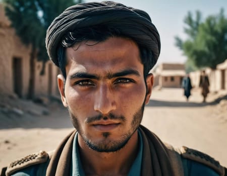A young man 25 years old from Afghanistan, wearing traditional clothing, poses proudly in his village with mountains in the background, showcasing his cultural heritage. Generative AI.