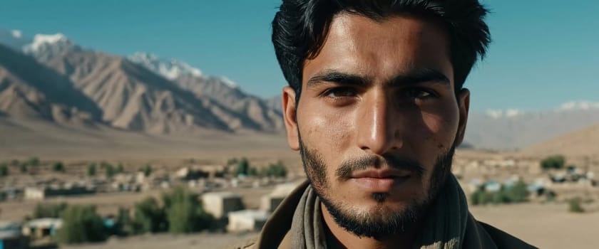 A young man 25 years old from Afghanistan, wearing traditional clothing, poses proudly in his village with mountains in the background, showcasing his cultural heritage. Generative AI.