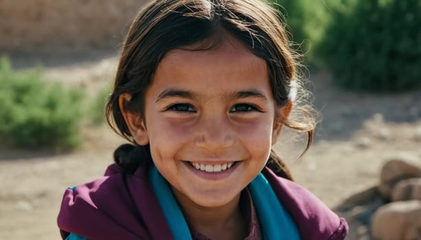 A young cute girl 5 years old from Afghanistan in national clothing smiles, showcasing her traditional attire, her expressive eyes reflecting her surroundings and culture. Generative AI.