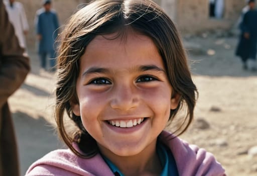 A young cute girl 5 years old from Afghanistan in national clothing smiles, showcasing her traditional attire, her expressive eyes reflecting her surroundings and culture. Generative AI.