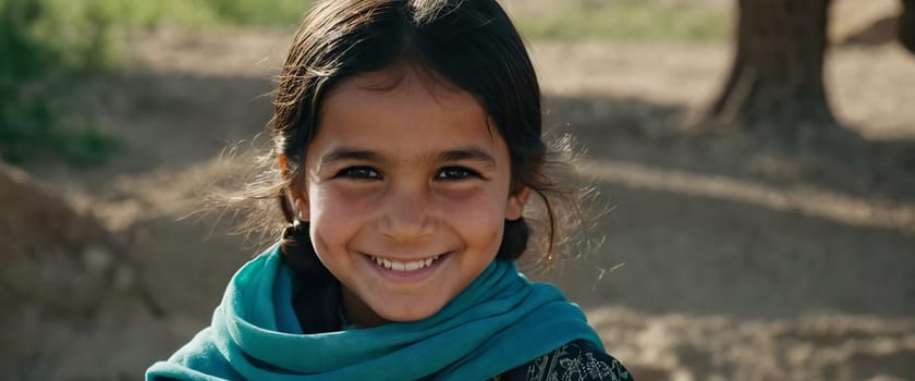 A young cute girl 5 years old from Afghanistan in national clothing smiles, showcasing her traditional attire, her expressive eyes reflecting her surroundings and culture. Generative AI.
