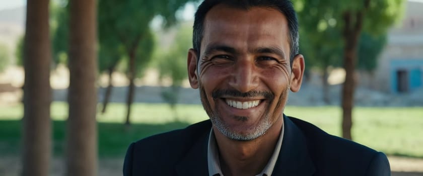 A joyful resident of Afghanistan 45 years old is smiling brightly, embodying the spirit of the region. His traditional attire complements the countryside background. Generative AI