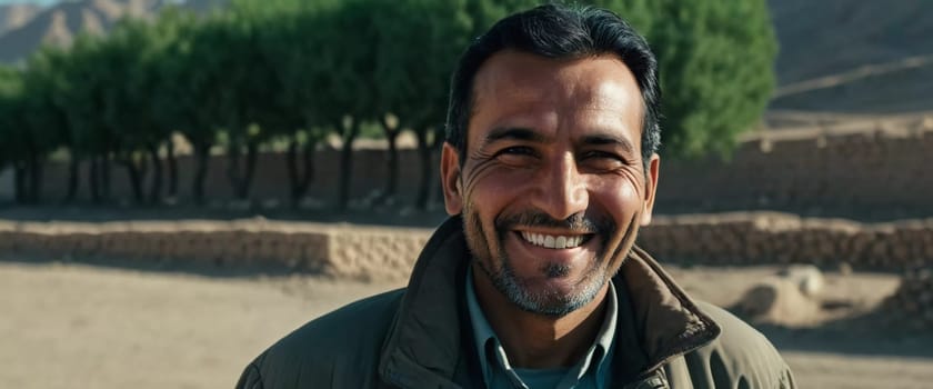 A joyful resident of Afghanistan 45 years old is smiling brightly, embodying the spirit of the region. His traditional attire complements the countryside background. Generative AI