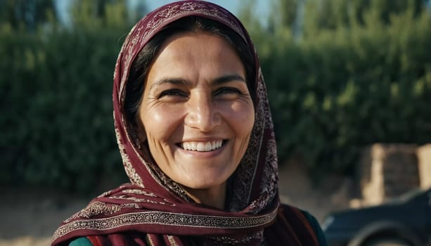 A joyful woman 45 years old from Afghanistan displays a bright smile while wearing traditional clothing. She stands confidently, embodying a sense of peace in her rural community. Generative AI.