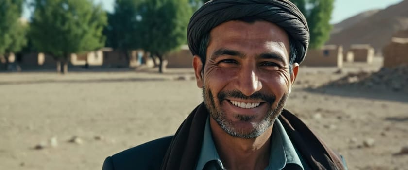 A joyful resident of Afghanistan 45 years old is smiling brightly, embodying the spirit of the region. His traditional attire complements the countryside background. Generative AI