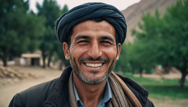 A joyful resident of Afghanistan 45 years old is smiling brightly, embodying the spirit of the region. His traditional attire complements the countryside background. Generative AI
