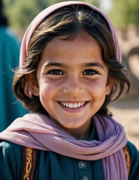 A young cute girl 5 years old from Afghanistan in national clothing smiles, showcasing her traditional attire, her expressive eyes reflecting her surroundings and culture. Generative AI.