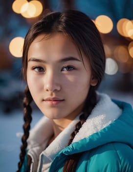 A young girl with long, dark hair and serious expression stands outdoors. A resident of Kazakhstan, a beautiful girl of 15 years old. Schoolgirl, student or applicant. Modern generation. AI generated.
