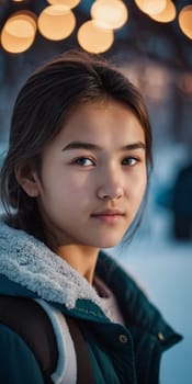A young girl with long, dark hair and serious expression stands outdoors. A resident of Kazakhstan, a beautiful girl of 15 years old. Schoolgirl, student or applicant. Modern generation. AI generated.