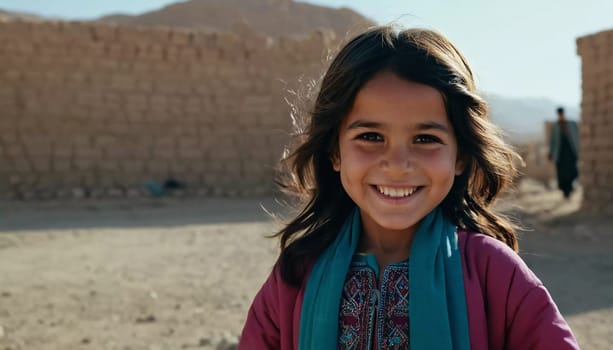 A young cute girl 5 years old from Afghanistan in national clothing smiles, showcasing her traditional attire, her expressive eyes reflecting her surroundings and culture. Generative AI.