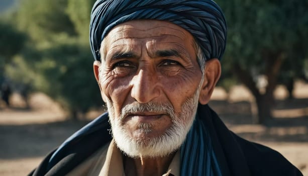 An elderly man from Afghanistan showcases his weathered face, reflecting years of wisdom and resilience against a modest backdrop of nature, embodying the rich culture of his homeland. Generative AI.