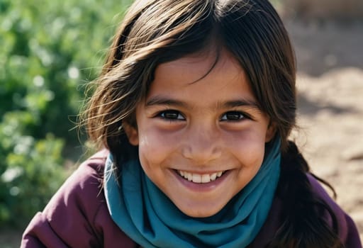 A young cute girl 5 years old from Afghanistan in national clothing smiles, showcasing her traditional attire, her expressive eyes reflecting her surroundings and culture. Generative AI.