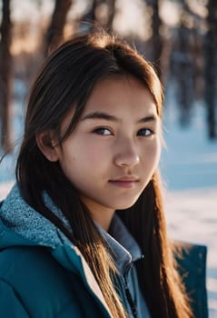 A young girl with long, dark hair and serious expression stands outdoors. A resident of Kazakhstan, a beautiful girl of 15 years old. Schoolgirl, student or applicant. Modern generation. AI generated.