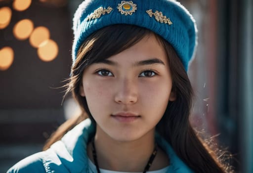 A young girl with long, dark hair and serious expression stands outdoors. A resident of Kazakhstan, a beautiful girl of 15 years old. Schoolgirl, student or applicant. Modern generation. AI generated.