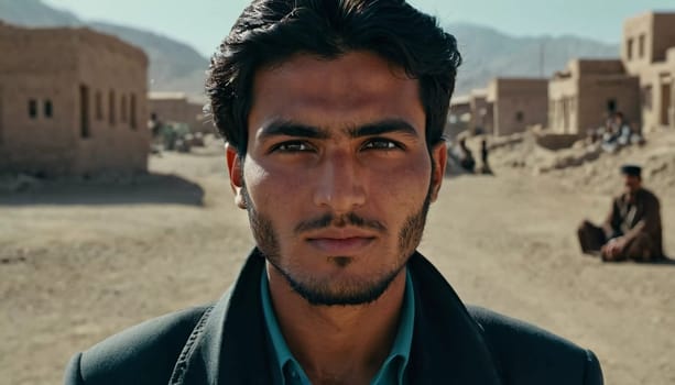 A young man 25 years old from Afghanistan, wearing traditional clothing, poses proudly in his village with mountains in the background, showcasing his cultural heritage. Generative AI.