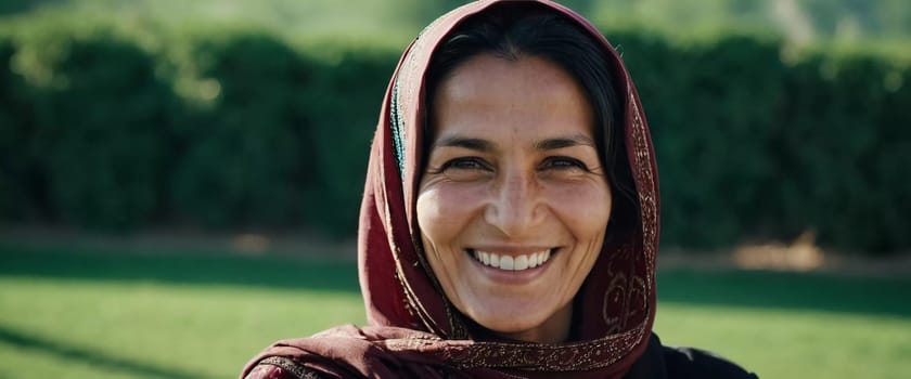 A joyful woman 45 years old from Afghanistan displays a bright smile while wearing traditional clothing. She stands confidently, embodying a sense of peace in her rural community. Generative AI.